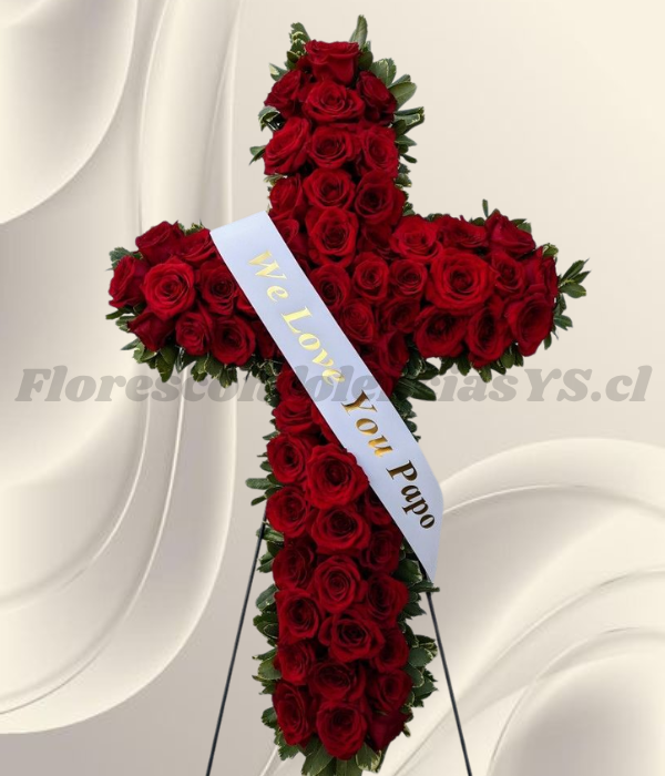Corona cruz floral en 65 rosas importadas y cinta personalizada