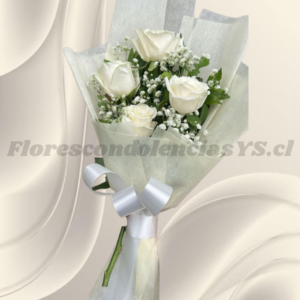 Ramo para condolencias en 4 rosas importadas, follaje y envoltura