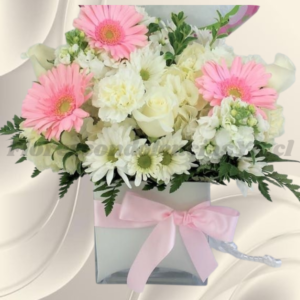 Cubo mix flores en 5 rosas, 3 gerberas, margaritas y follaje de temporada