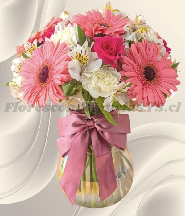 Florero encantador en 5 gerberas 5 rosas y flores de temporada