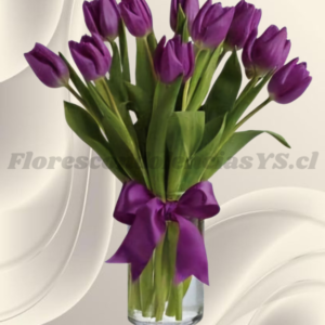 Florero cilindro en 10 tulipanes y lindo lazo
