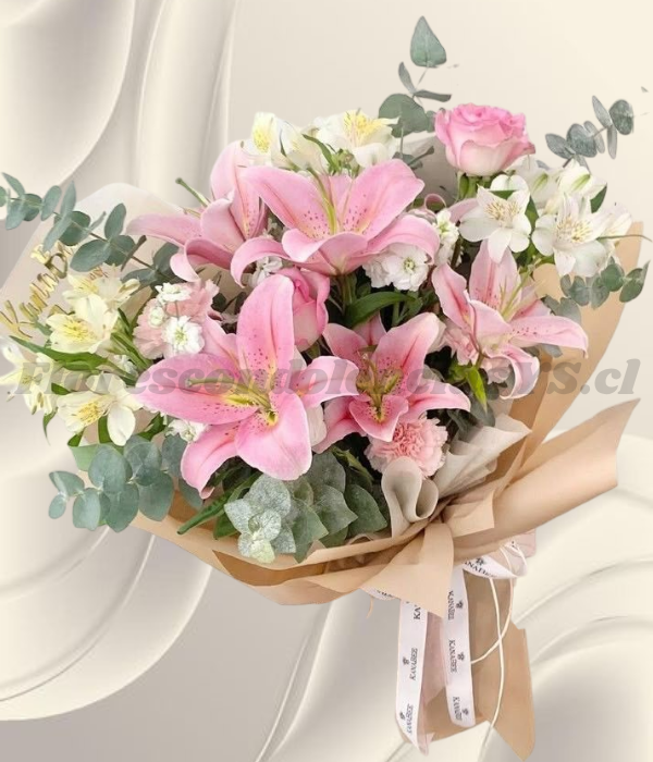 Ramo mix en flores de temporada de lilium, rosas y astromelias