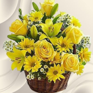 Canasta en 5 rosas importadas, 5 lilium y follaje de temporada