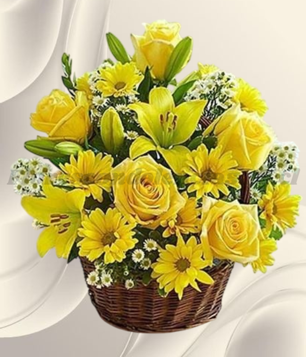 Canasta en 5 rosas importadas, 5 lilium y follaje de temporada